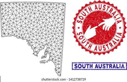 Network polygonal South Australia map and grunge seal stamps. Abstract lines and dots form South Australia map vector model. Round red stamp with connecting hands.