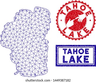 Network polygonal Tahoe Lake map and grunge seal stamps. Abstract lines and small circles form Tahoe Lake map vector model. Round red stamp with connecting hands. svg