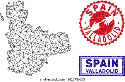 Network polygonal Valladolid Province map and grunge seal stamps. Abstract lines and circle dots form Valladolid Province map vector model. Round red stamp with connecting hands.