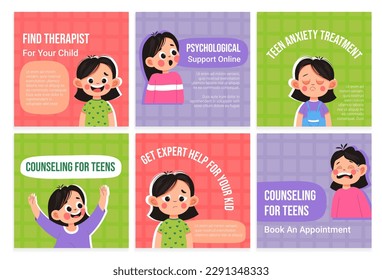 Network post collection with child therapy service. Psychological support online advertising at social media collection, vector illustration. Cartoon girl character get mental treatment