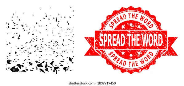 Network powder participles icon, and Spread the Word corroded ribbon seal imitation. Red seal includes Spread the Word caption inside ribbon.