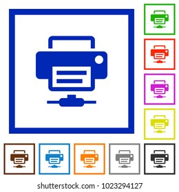 Network printer flat color icons in square frames on white background