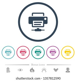 Network printer flat color icons in round outlines. 6 bonus icons included.