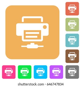 Network printer flat icons on rounded square vivid color backgrounds.