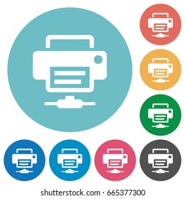 Network printer flat white icons on round color backgrounds