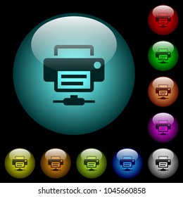 Network printer icons in color illuminated spherical glass buttons on black background. Can be used to black or dark templates