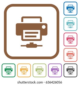 Network printer simple icons in color rounded square frames on white background