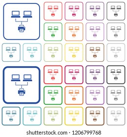 Network printing color flat icons in rounded square frames. Thin and thick versions included.