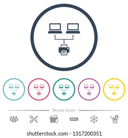 Network printing flat color icons in round outlines. 6 bonus icons included.