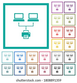 Network printing flat color icons with quadrant frames on white background