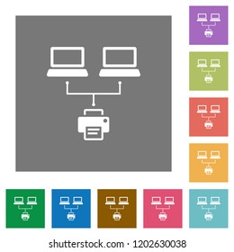 Network printing flat icons on simple color square backgrounds