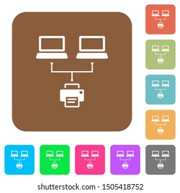Network printing flat icons on rounded square vivid color backgrounds.