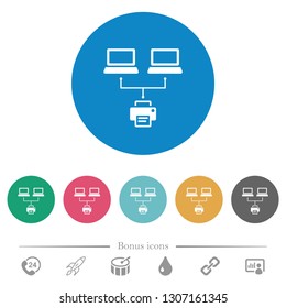 Network printing flat white icons on round color backgrounds. 6 bonus icons included.