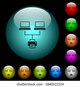 Network printing icons in color illuminated spherical glass buttons on black background. Can be used to black or dark templates