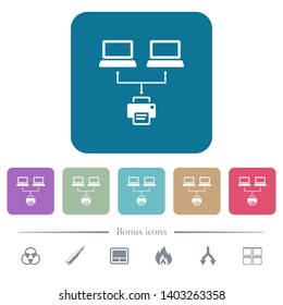 Network printing white flat icons on color rounded square backgrounds. 6 bonus icons included