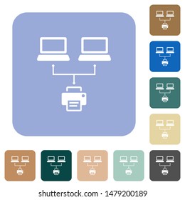 Network printing white flat icons on color rounded square backgrounds