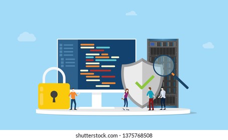 network programming security concept with code program and server safe icon - vector illustration