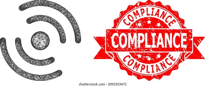Network propeller rotation icon, and Compliance grunge ribbon seal imitation. Red stamp seal includes Compliance title inside ribbon.