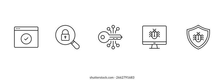 Network protection, cyber authentication, digital lock, malware alert, privacy magnifier, data key, system bug, safe verification, encrypted security Art and Illustration