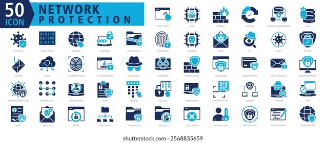 NETWORK PROTECTION ICON SET With Cyber Attack, Bug, Firewall, Captcha, Database Management, Ddos, Antivirus, Binary Code, Browser and Cracking