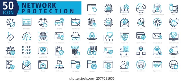 NETWORK PROTECTION ICON SET With Cyber Attack, Bug, Firewall, Captcha, Database Management, Ddos, Antivirus, Binary Code, Browser and Cracking