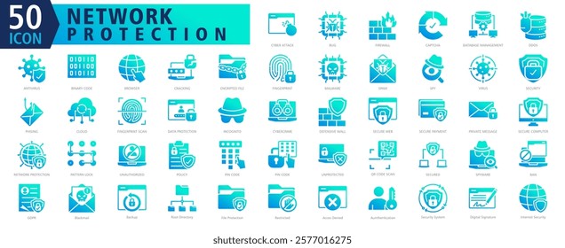 NETWORK PROTECTION ICON SET With Cyber Attack, Bug, Firewall, Captcha, Database Management, Ddos, Antivirus, Binary Code, Browser and Cracking