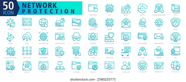 NETWORK PROTECTION ICON SET With Cyber Attack, Bug, Firewall, Captcha, Database Management, Ddos, Antivirus, Binary Code, Browser and Cracking
