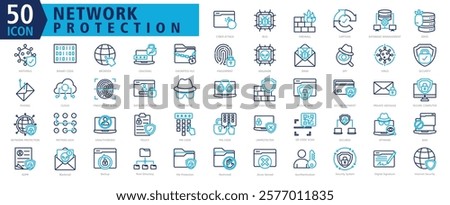 NETWORK PROTECTION ICON SET With Cyber Attack, Bug, Firewall, Captcha, Database Management, Ddos, Antivirus, Binary Code, Browser and Cracking