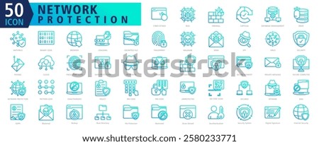 NETWORK PROTECTION ICON SET With Cyber Attack, Bug, Firewall, Captcha, Database Management, Ddos, Antivirus, Binary Code, Browser and Cracking
