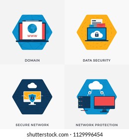 Network Protection, Secure Network, Data Security, Domain World Wide Web -  WWW Flat Banners for Websites. Vector Illustration Set About Internet and Security 