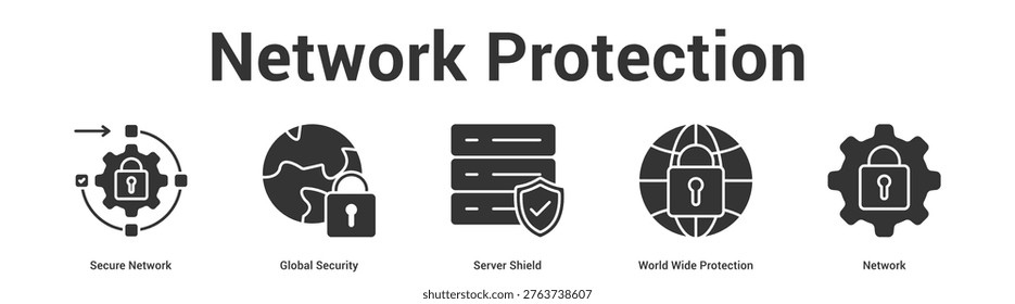 Network Protection web banner icon set vector illustration concept for business with icon of Secure Network, Global Security, Server Shield, World W.
