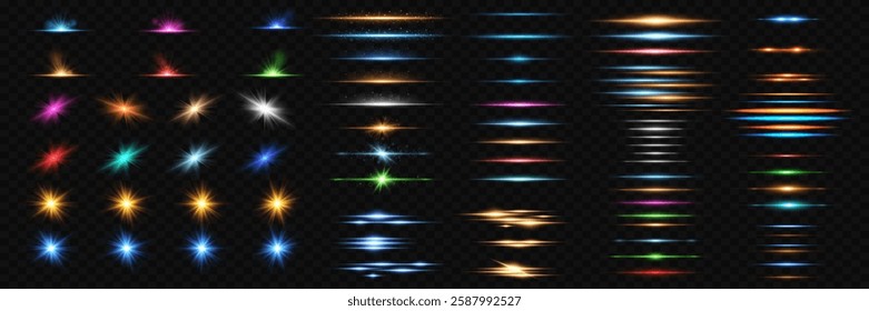 Network of realistic light stars, lines. Glove effects. Laser effect. Light rays. Vector illustration.EPS 10.