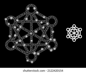 Network relations icon and glare net mesh network relations model with illuminated spots. Illuminated model is done using network relations vector icon and triangle mesh.