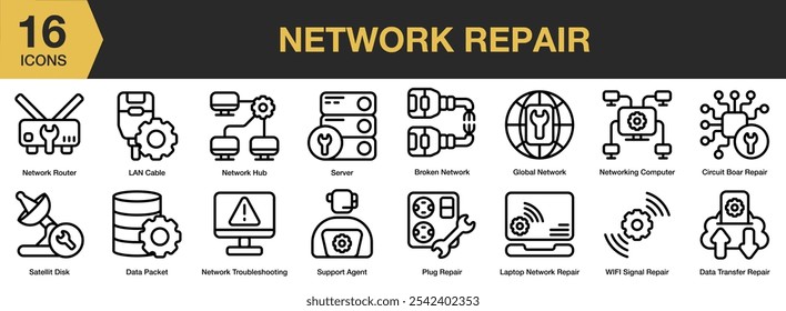 Ícone Network Repair (Reparo na rede) definido. Inclui rede quebrada, placa de circuito, pacote de dados, global, cabo de lan, hub, reparo de plugue e muito mais. Contornar coleção de vetores de ícones.