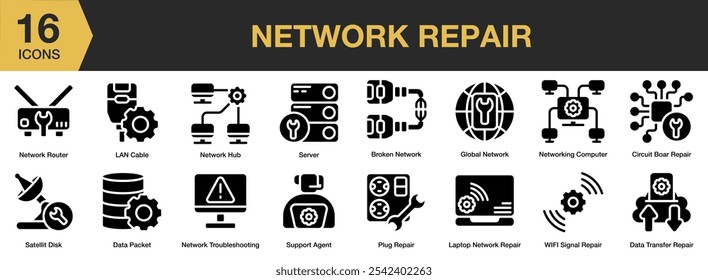 Conjunto de ícones sólidos de Reparo de Rede. Inclui rede quebrada, placa de circuito, pacote de dados, global, cabo de lan, hub, reparo de plugue e muito mais. Coleção vetorial de ícones sólidos.