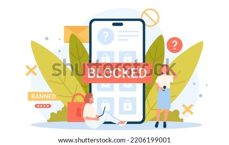 Network restriction, information block and censorship vector illustration. Cartoon tiny sad adult users banned from social media or news website, blocked account and padlock on phone screen