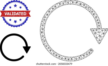 Network rotate CW framework illustration, and bicolor grunge Validated seal stamp. Polygonal wireframe symbol designed with rotate CW icon.