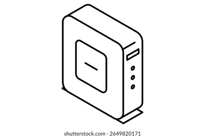 Ícone de linha isométrica de roteador de rede com portas e sinal wireless, preto e branco, Ilustração de vetor