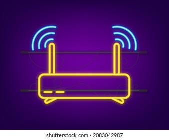 Network Router Neon Icon. Wifi Router, Wireless Broadband Modem. Communication Access Network. Vector Stock Illustration.