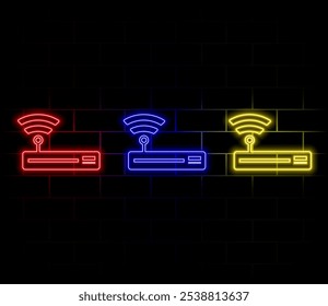 Icono de neón del router de red. Router Wifi, módem inalámbrico de banda ancha. Red de Acceso a la Comunicación. Vector ilustración de stock.