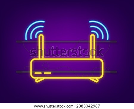 Network Router neon icon. Wifi router, wireless broadband modem. Communication Access Network. Vector stock illustration.