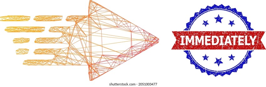 Network rush arrow carcass icon, and bicolor unclean Immediately stamp. Flat mesh created from rush arrow icon and intersected lines. Vector seal with unclean bicolored style,