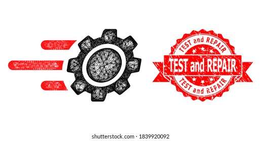 Network rush gear icon, and Test and Repair corroded ribbon seal imitation. Red stamp seal includes Test and Repair caption inside ribbon.Geometric linear carcass flat network based on rush gear icon,