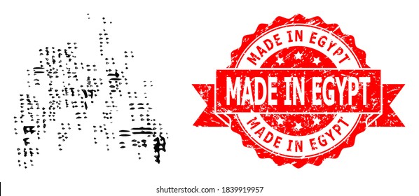 Network sand swarm icon, and Made in Egypt dirty ribbon seal. Red stamp seal includes Made in Egypt title inside ribbon.Geometric linear carcass 2D network based on sand swarm icon,