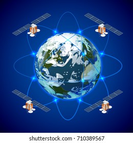 Network and satellite data exchange over planet earth in space. GPS satellite.