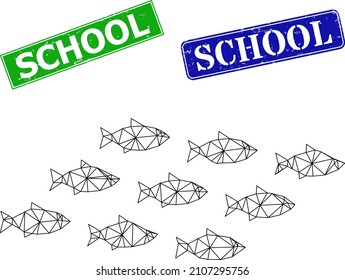 Network school of fish model, and School blue and green rectangular textured badges. Polygonal carcass symbol based on school of fish icon. Stamps contain School tag inside rectangular shape.