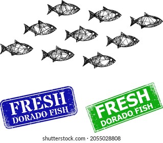 Network school of fish model, and Fresh Dorado Fish blue and green rectangular unclean stamp seals. Polygonal wireframe illustration is designed with school of fish pictogram.