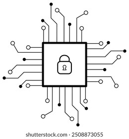 ícone de dados de segurança de rede design vetorial em fundo branco. placa de circuito impresso ou placa-mãe. linhas e pontos se conectam. dados de tecnologia de alta tecnologia. Placa elétrica, tecnologia digital, cpu, segurança cibernética