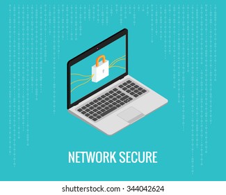 network secure illustration with laptop and lock icon on the digital blue background. Isometric view.
