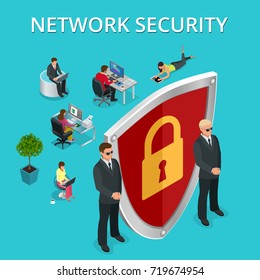 Network security computer security, personal access via finger, user authorization, login, protection technology Vector isometric illustration.